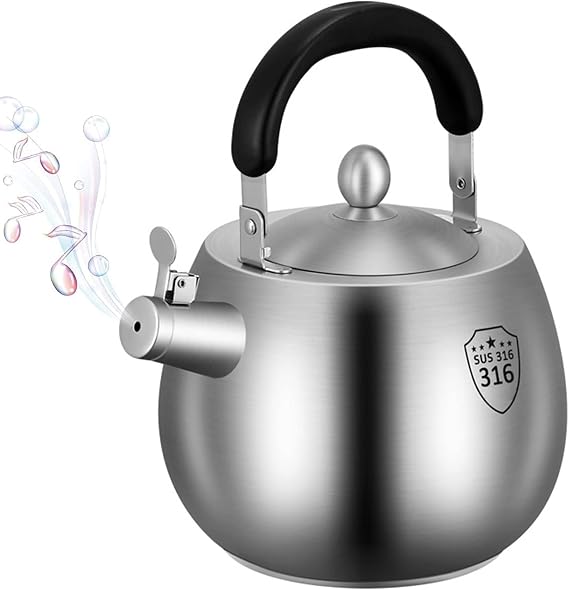 Heavy Duty Tea Kettle Whistling Teakettle Stovetop Teapot, 316 Stainless Steel, Seamless Bottom, Folding Handle, Brushed Finish (4L)