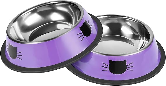 Serentive 2 Pcs Non-Slip Stainless Steel Small Cat Food Bowls - Unbreakable, 7 Oz, Suitable for Indoor Small Pets - Removable Rubber Base, Easy to Clean, Lovely Color