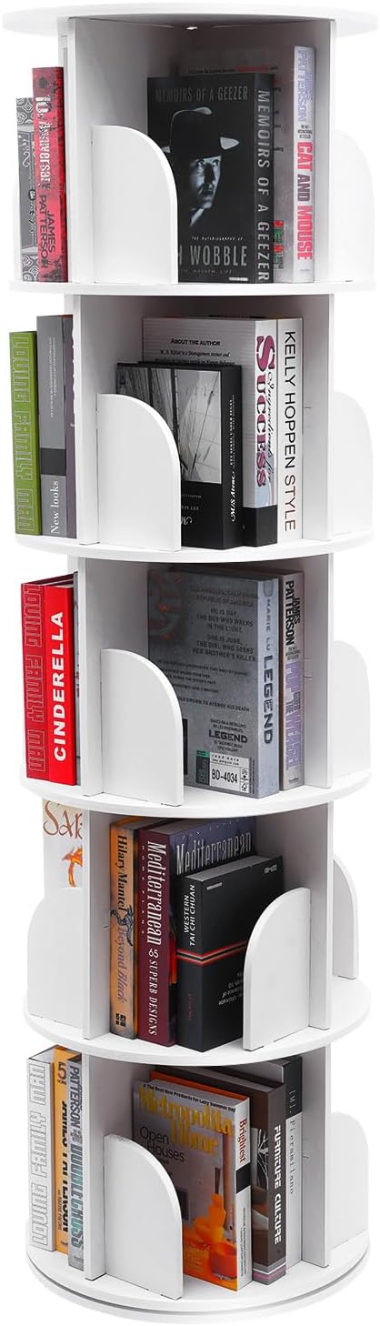 Rotating Bookshelf, 5 Tier 360 Display Standing Book Shelf Organizer, Corner Bookcase for Small Space, Revolving Book Shelf Storage Round Carousel for Bedroom, Living Room, White