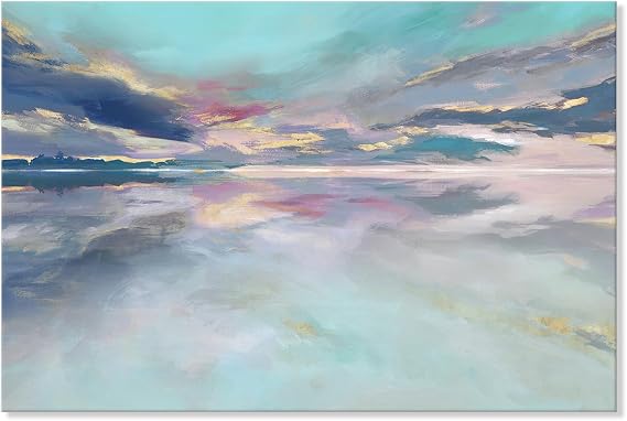 Goldfoilart Beach Abstract Wall Art Teal Green and Gold Decor Ocean Canvas Pictures Painting Framed Artwork for Living Room Bedroom Office Decorations 36"x24"