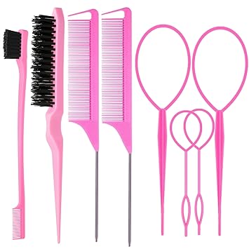 ZVOREI 8Pcs Hair Brushes Set with 4Pcs Topsy Hair Tail Tools 1Pcs Bristle Teasing Hair Brush 1Pcs Edge Control Brush 2Pcs Metal Pin Rat Tail Combs for Woman Girl hair Styling,Edge&Back Brushing,Pink