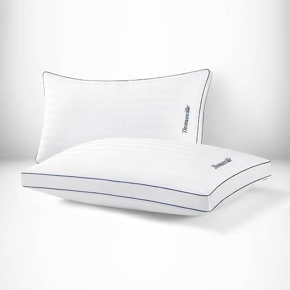 Thomasville 100% Cotton Damask Stripe Hotel Style Bed Pillow with Supportive Gusset for Side, Back and Stomach Sleepers, Set of 2, King Size Pillows 20"x36"