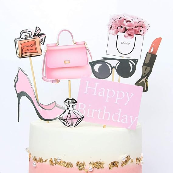 High Heel Cake Toppers Handbags Happy Birthday Toppers Picks Perfume Lipstick GlassesTote Bag Cake Decoration for Fashion Women Birthday Theme Party Wedding Supplies