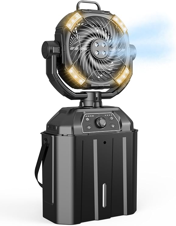 Misting Fan 6L Bucket Camping Fan with LED Light, Floor Cooling Outdoor Fans for Patios Camping, 4 Spray Mister, Black