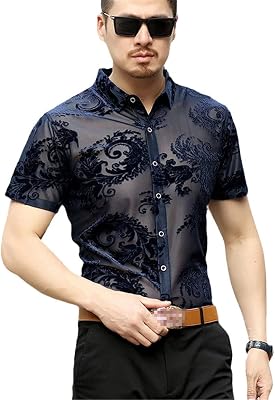 Paisley Floral Lace Shirt Men Embroidery Transparent Dress Shirts See Trough Sexy Club Party Prom Social Shirt