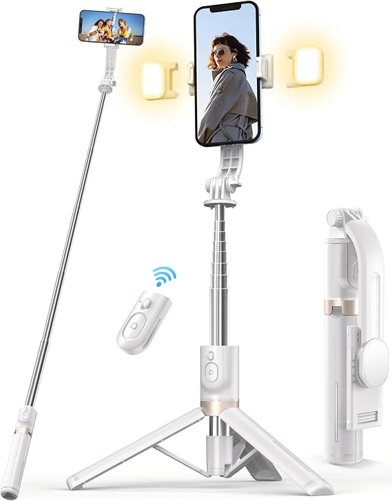 45'' Selfie Stick with Light, Travel Tripod Essentials with Wireless Remote, Portable Cell Phone Tripod Stand, Beach Cruise Ship Essentials for Family, Compatible with 4-7.2" All Smartphone