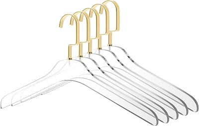 Quality Clear Acrylic Lucite Coat Suit Hangers 5-Pack, 15 Junior Size, Stylish Clothes Hanger with Matte Gold Hooks - Coat Hanger for Dress, Suit - Closet Organizer Junior Hangers Matte Gold, 5