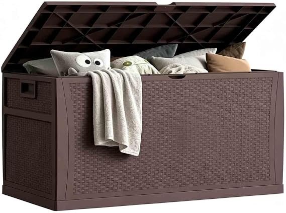 EHHLY 100 Gallon Outdoor Storage Box, Lockable Waterproof Package Delivery Boxes for Outside, Resin Outdoor Storage Deck Box for Garden Tools, Cushions, Pool Supplies, Indoor Outdoor Accessories