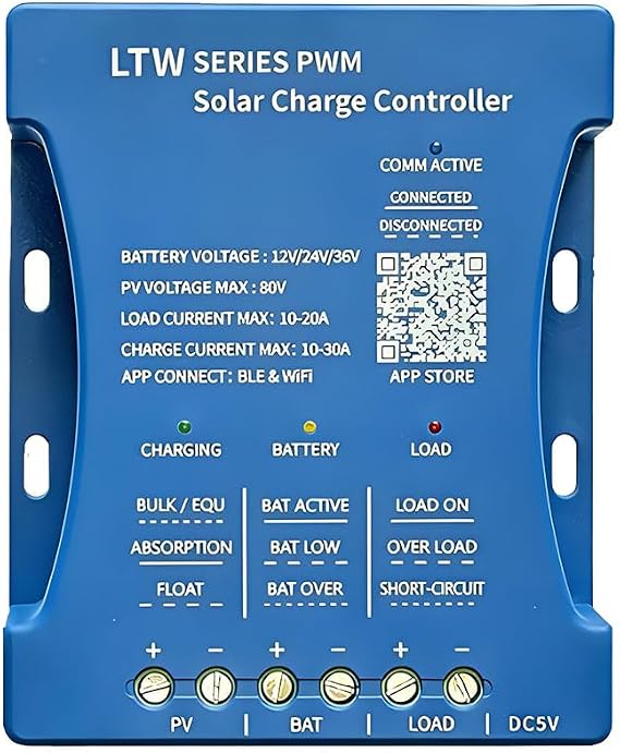 30A Solar Charge Controller 12V/24V/36V, 80V Max PV Input W i-Fi Blue Tooth, LCD Display for LiFePO4/AGM Batteries, RV/Camper Use, Off-Grid Solar Panel Regulator with Temperature Compensation