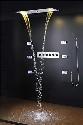 Cascada Luxury 15x28 Rectangle Ceiling Mounted Rainfall Multi Function Shower Head RainfallRain CurtainSPA MistingMassage with 5 Way Thermostatic Valve, Stainless Steel 15x28, Brushed Gold