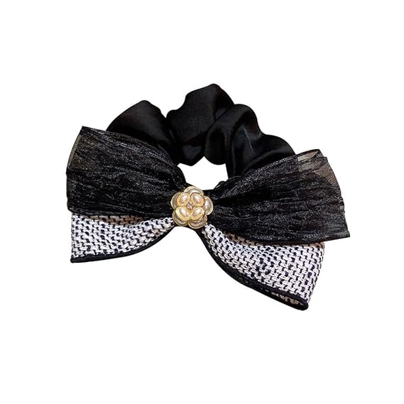 Hair Ties,Scrunchies, Headdress Pearl Camellia Fairy Pleated Gauze Niger Patchwork Color Satin Hair Circle(Black)