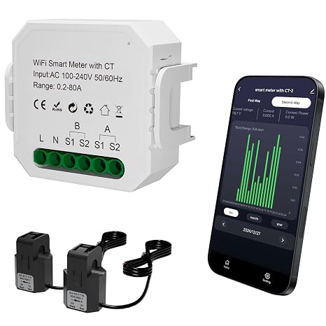 Smart Energy Monitor, Single Phase Clamp Electricity Meter with 2 * 80ACT Current Transformer, WiFi, Real-Time Electricity Monitor/Meter, Solar/Network Metering