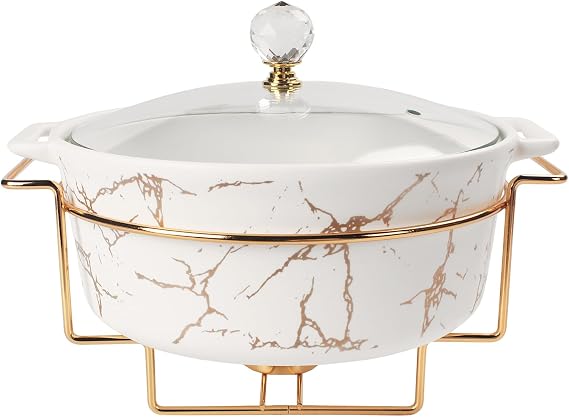 Mini Ceramic Serving French Tureen Set with Glass Lid and Rack, 400 ML Casserole Baking Dish, Chafing Dish for Buffet, Food Preserve Tray, Catering Casserole for Party Style