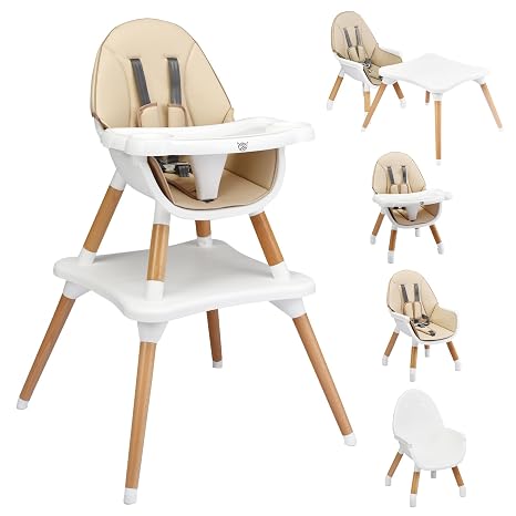 COSTWAY 4-in-1 Baby High Chair Dining Chair Children's Chair & Children's Seating Set Height Adjustable Baby Chair Combination High Chair with Safety Belt and Removable Tray (Khaki)