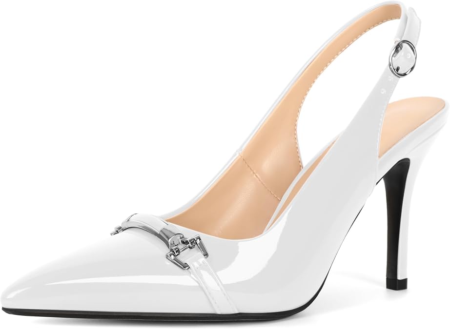 Soireelady Women's Slingback Heels Pointed Toe Stilettos High Heel Pumps Silver Buckle Strap Fashion Shoes 3.5 Inches