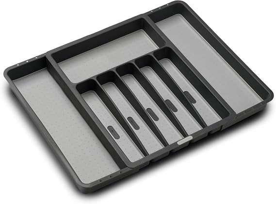 madesmart Expandable Silverware Tray, 8 Compartment Silverware Organizer for Forks, Knives & Spoons, Non Slip, Soft Grip Base, Expands to Fit Most Drawers, Carbon