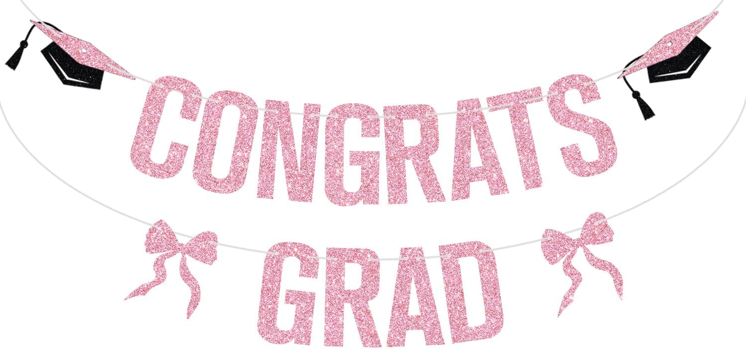 Pink Glitter Congrats Grad Banner, Class of 2025Congrats 2025, 2025 Senior High School College University Graduation Party Decorations Supplies