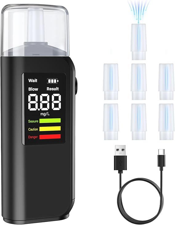 Breathalyzer, Professional-Grade Accuracy Alcohol Tester with LED Digital Display, Type-C charging, Breathalyzers for Alcohol Portable breathalyzer for Personal & Professional use (8 Mouthpieces)