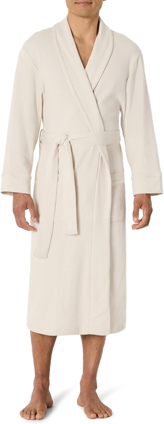 Amazon Essentials Men's Lightweight Cotton Waffle Bath Robe, Mid-Length Loungewear (Available in Big & Tall)