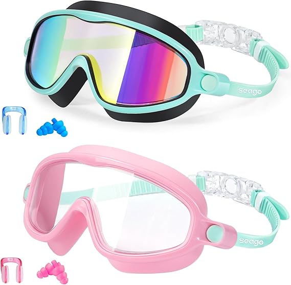 Seago Swim Goggles 2 Pack Anti-Fog Anti-UV Wide View Swimming Goggles for Kids 3-14