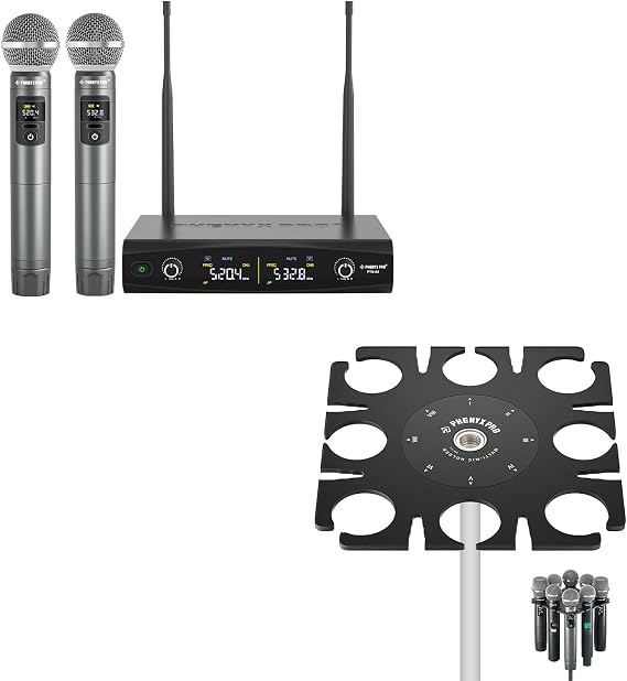 Phenyx Pro Wireless Microphone System PTU-52-2H Bundled with 8-Slot Multi-Microphone Holder MA-H1