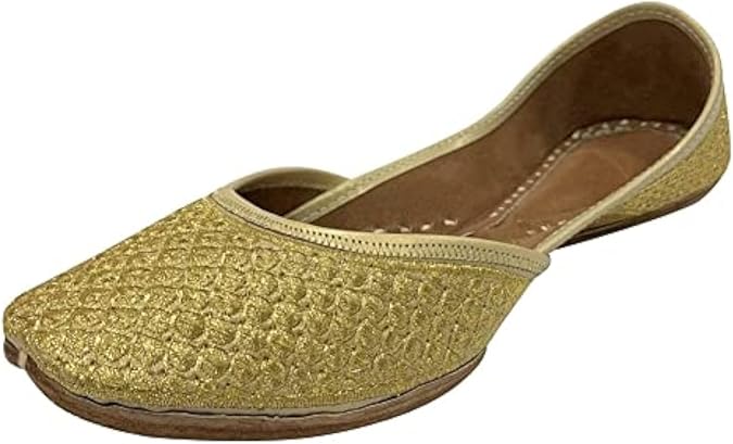 Punjabi Jutti 女性用 ゴールド ザリ ハンドメイド シューズ ソフト フラット モジャリ ビーズ トラディショナル フォーマル エスニック デザイナー Jooti