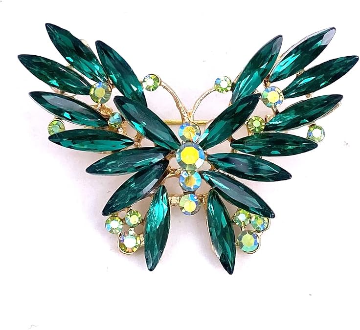 LAXPICOL Fashion Sparkly Green Crystal Butterfly Brooch Pin Broach For Women Girls Gift Gold Tone