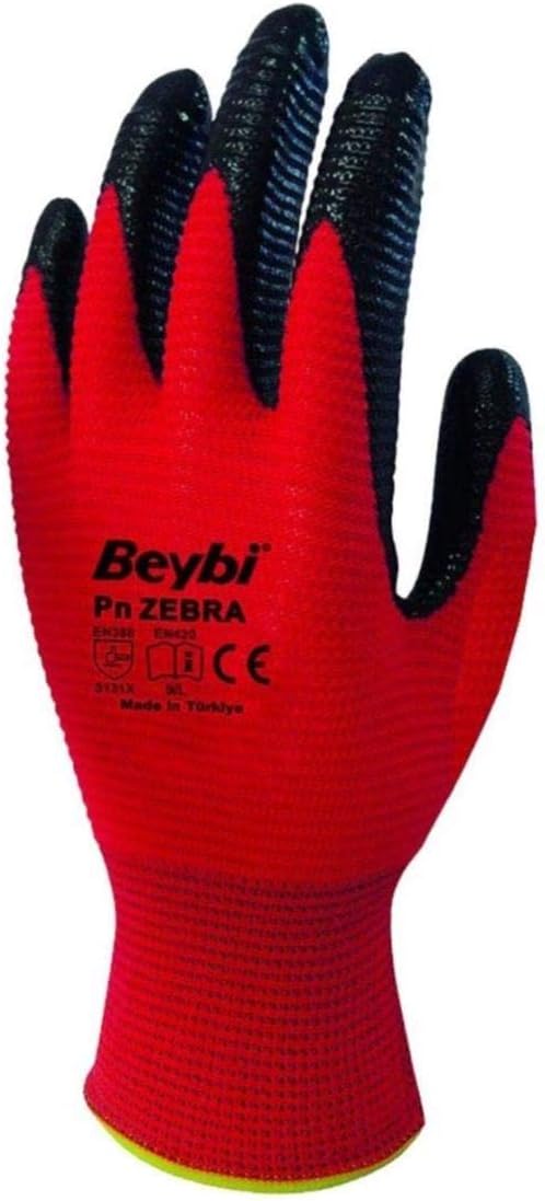 Beybi PN Zebra Polyester Knitted Nitrile Gloves No 10, Double, Red [Energy Grade A+]