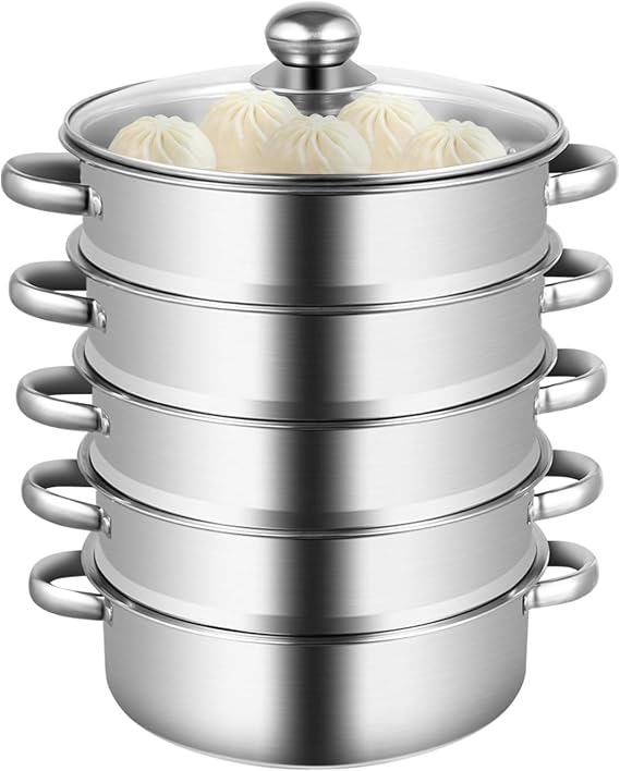 5-Tier Stainless Steel Steamer Meat Vegetable Cooking Steam Pot Kitchen Tool with Stackable Pan and Lid for Steaming Pasta Dumplings and Vegetables