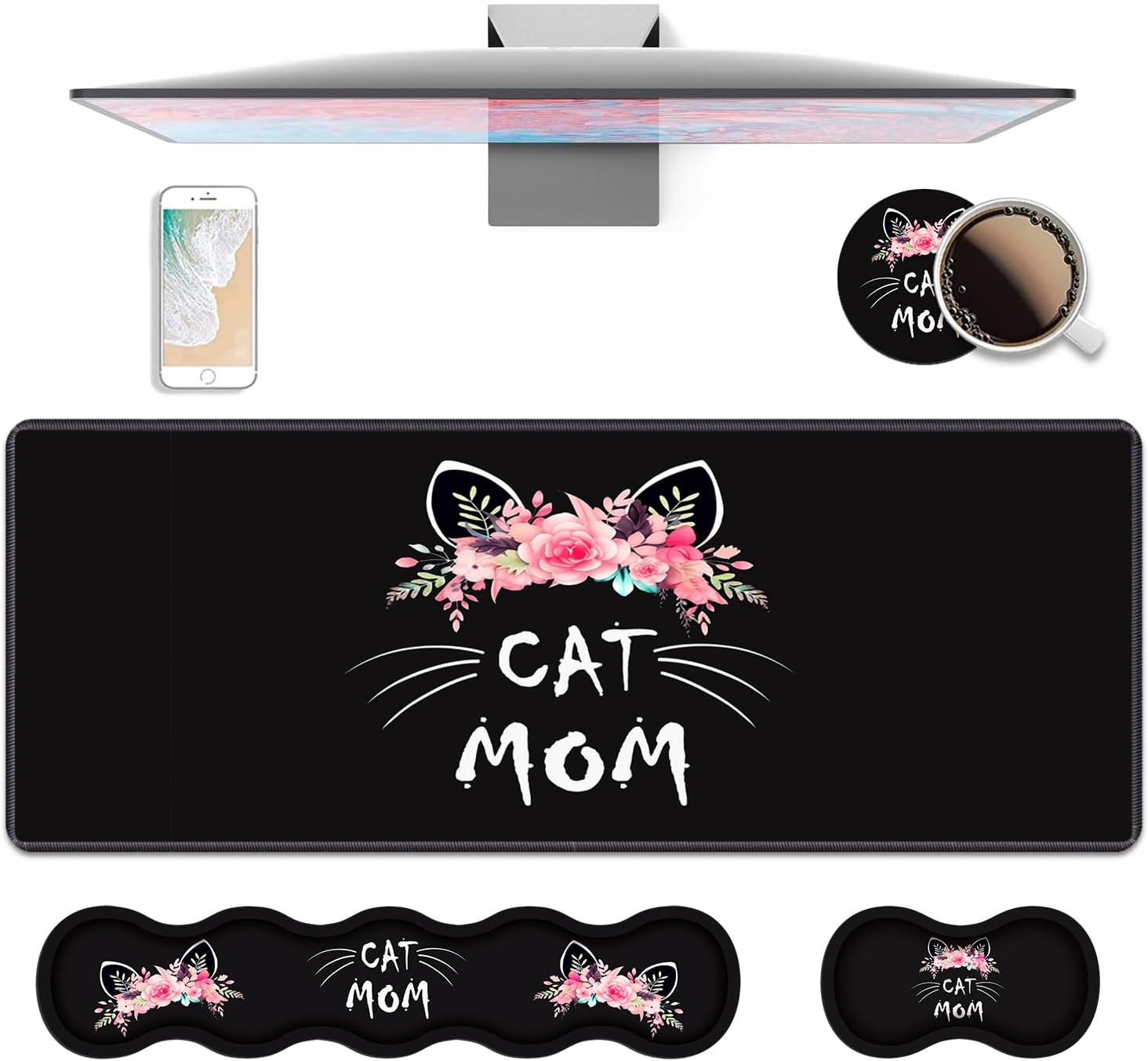 4 in 1 Ergonomic Keyboard Wrist Rest & Mouse Pad Wrist Rest Set, Large XXL Gaming Desk Mat 31.5x 11.8 with Non-Slip Base, Memory Foam for Home Office Study Gaming, Cat Mom Floral
