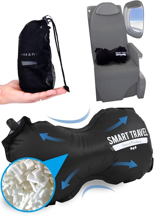 SmartTravel Inflatable Lumbar Support Travel Pillow for Airplane Seat | Adjustable back support cushion for long flights, office & car; eases lower back discomfort; self-inflates, packs small