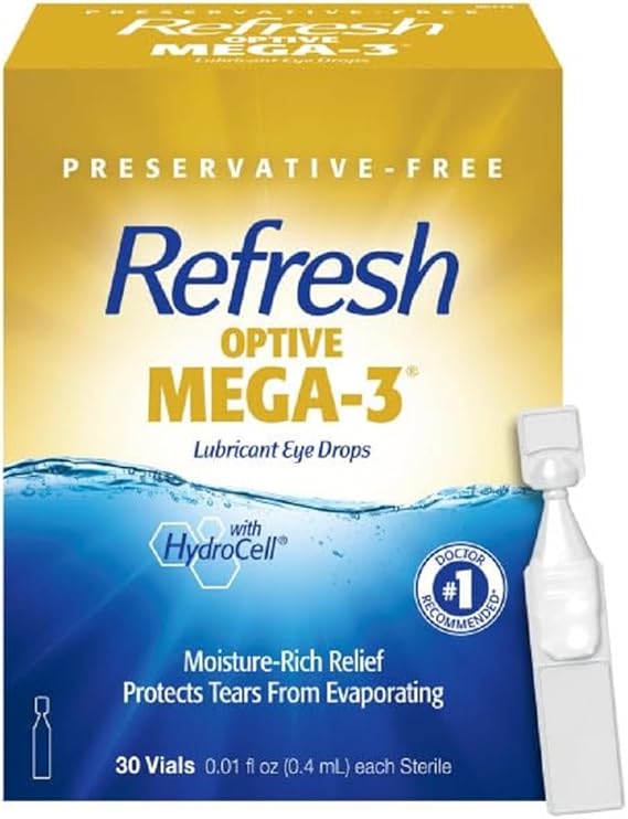 REFRESH OPTIVE MEGA-3 Lubricant Eye Drops Preservative-Free Artificial Tears, 0.01 fl oz (0.4 mL), 30 Single-Use Containers