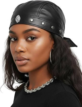 Leather Biker Hats Adjustable Headwrap Bandana Cycling Doo rag Skull Cap for Men & Women
