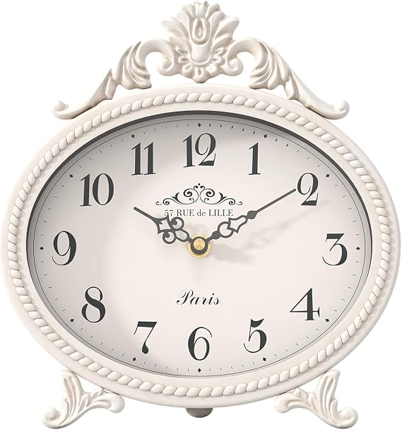 Abdurey Vintage Table Clock on Stand,Desk and Shelf Decorative Clock,French Rustic Style Mantel Clocks,Metal Frame Antique White Finish,Farmhouse,Bedroom, Bedside,Living Room,Gift Clocks
