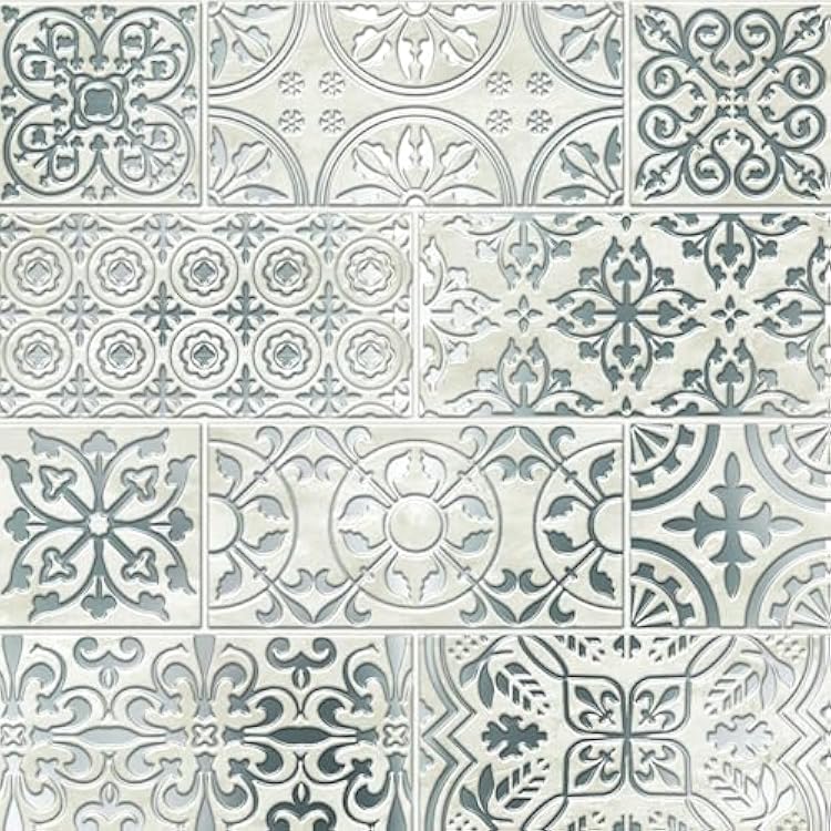 Main Street 12-Pack of 8 x 8 Wallpaper Tiles for Kitchen Backsplash. Peel and Stick Backsplash in White and Silver Stone Mosaic Design. Renter Friendly Backsplash. Self Stick Paper Wall Tiles