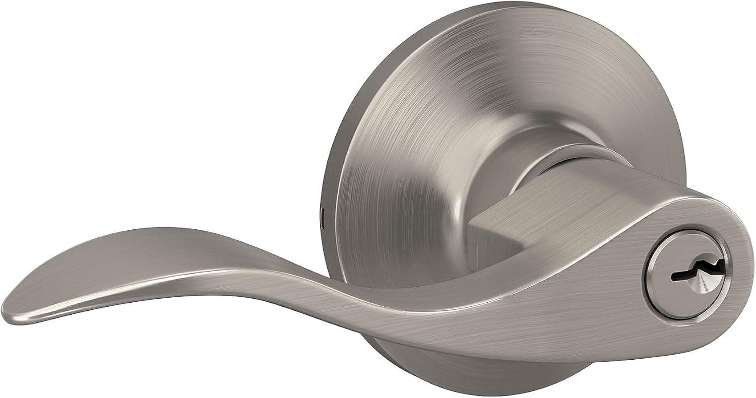 Wave Lever with Round Trim Keyed Entry Door Handle, Satin Nickel Finish