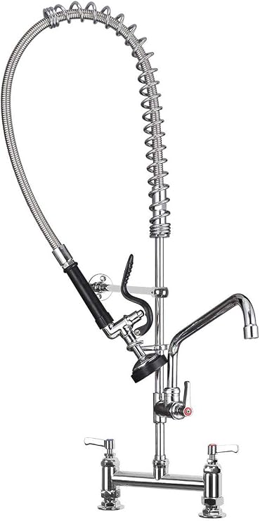 ZYMEN Commercial Pre-Rinse Spray Tap Twin Lever Bridge Deck Mounted Sink Mixer Faucet with 12" Add-on Spout Brass Constructed Polished Chrome (4-8inch Adjustable Center) Commemoration Day