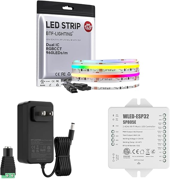 BTF-LIGHTING WS2811 Dual IC RGBCCT FCOB COB LED Strip,UL Listed High Density Chasing IC RGB Light+Tunable White 3000K-6000K,9.8FT 960LEDs/m,12mm Width IP30,24V 3A Power Supply,SP805E WLED Controller