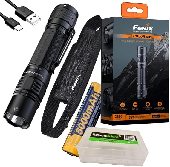 Fenix PD36R Pro 2800 Lumen USB Rechargeable LED Tactical Flashlight with EdisonBright Charging Cable Carry case Bundle