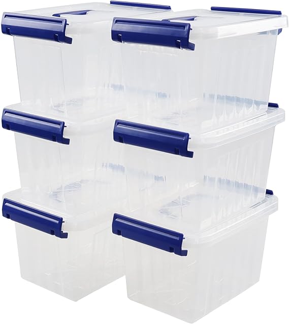 Set of 6 Clear Plastic Storage Boxes, 3 L Small Latch Box with Lids (Blue handle)
