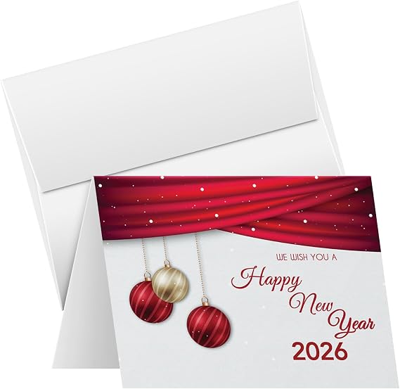 2026 Happy New Year Cards and Envelopes | Elegant Red Christmas, Xmas, Happy Holidays, New Year's Eve Greeting Cards Set 25 Half Fold Cards and 25 A2 Envelopes 4.25 x 5.5 inches (A2 Size)
