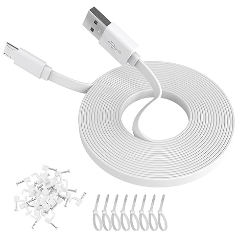 6M 20ft Flat Micro USB Cable, Charging and Data Sync, Long Micro USB Cord for WyzeCam, Wyze Cam Pan, WYZE Cam OG, NestCam Indoor, Blink and More Home Security Cameras-White