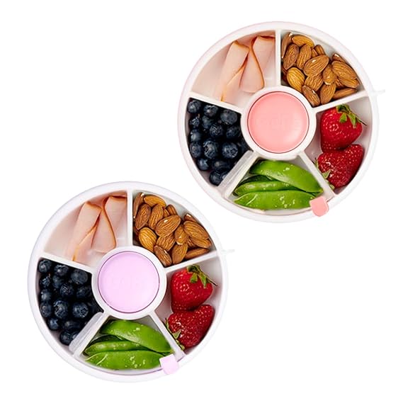 GoBe Kids Taro Purple and Coral Pink Snack Spinner Bundle with Hand Strap and Sticker Sheet - Reusable Snack Container with 5 Compartment Dispenser and Lid | BPA and PVC Free | Dishwasher Safe