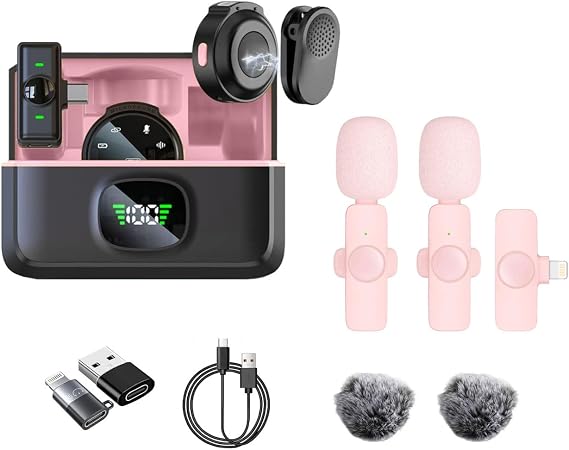 Caiord Pink Wireless Lavalier Microphones Bundle - with & Without Charging Case for Flexible Recording Options