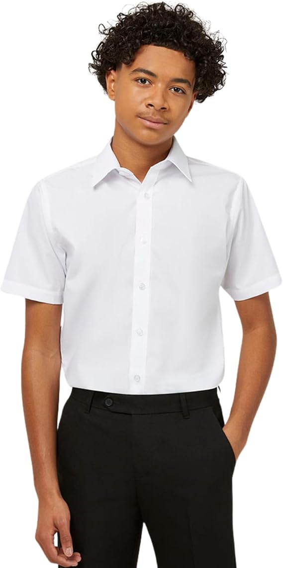 Trutex Boys White Short Sleeve School Shirts, 2 Pack, Slim Fit | Non Iron Cotton-Rich Button Down Uniform Shirts