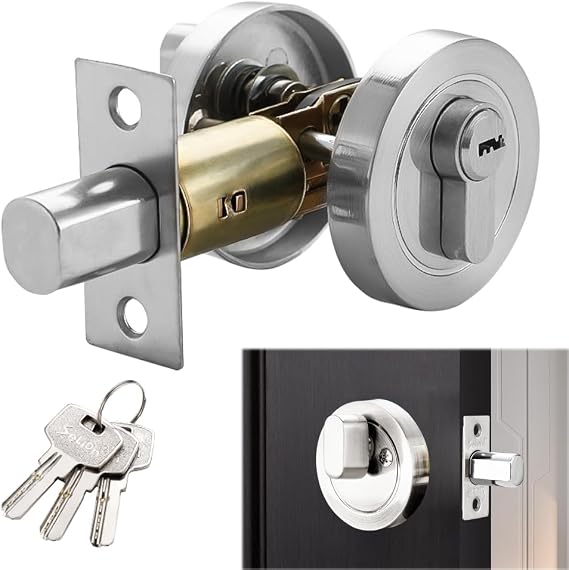 Single Cylinder Deadbolt, Round Deadbolt Lock with Keys, Zinc Alloy Door Locks, Invisible Modern Door Locks for 35-50mm Front, Entrance, Passage, Bedroom Doors (Silver)