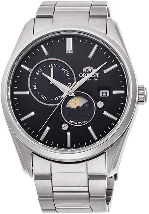 ORIENT 'Sun & Moon' Automatic Black Dial Steel Watch RA-AK0302B, Black, Modern