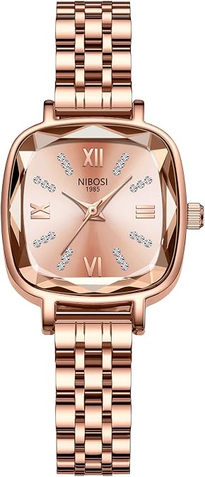 NIBOSI Women's Watches Analog Quartz Square Ladies Wrist Watch Dainty Rose Gold Minimalist Vintage Luxury Diamond Stainless Steel Strap Classic Dress Watches for Women Small Wrists