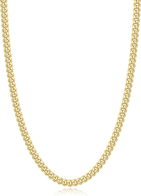 Jewlpire Gifts for Men Italian Six-Faceted Design14K Gold-Plated Cuban Link Chain Necklace for Men Women, 4MM Stainless Steel with 925 Sterling Silver Plated Mens Chain Necklace 16 18 20 22 24 26 Inch