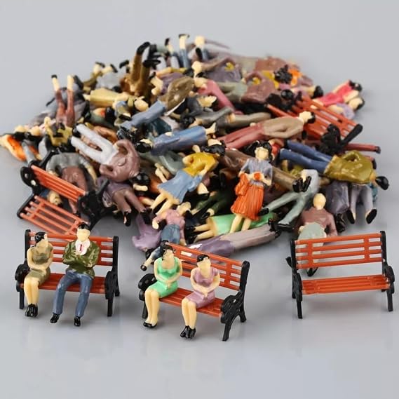 1:50 Scale Model People & Benches Set - Realistic Painted Passengers & Seated Figures for Train Railway Layouts, Diorama, City Scenes